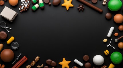 Sweet Treat Frame: A delightful arrangement of assorted chocolates, candies, and baked goods creates a whimsical frame on a black background. Perfect for showcasing your confectionery creations. 