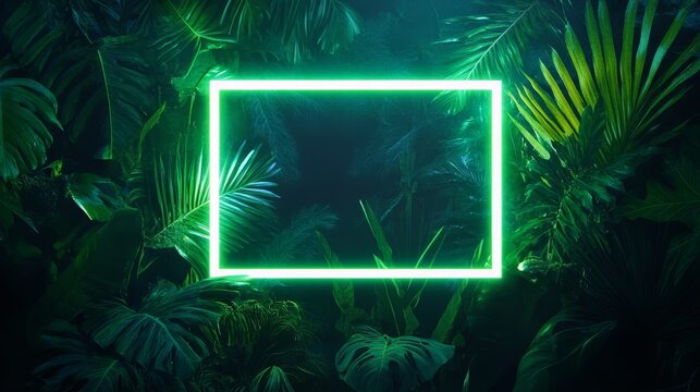 Green Leaves Create a Vibrant Background With a Glowing Neon Frame Ready for Custom Text at a Tropical-Themed Event or Digital Design Project