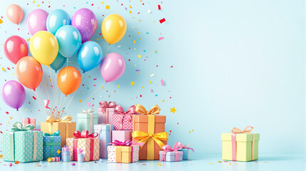 cheerful child's birthday card with balloons and gifts