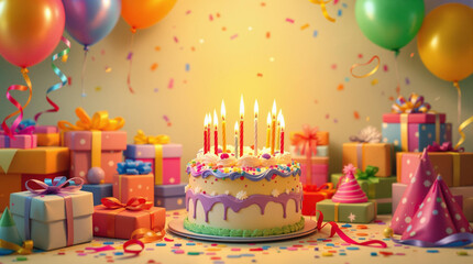 colorful birthday celebration with cake and presents