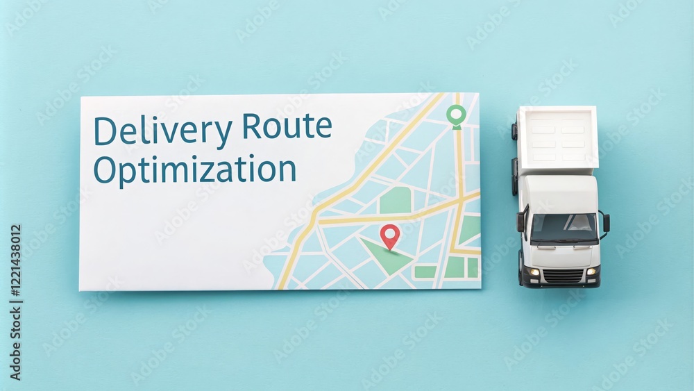Poster delivery route optimization overview with model truck - a top view of a model truck beside a card sh