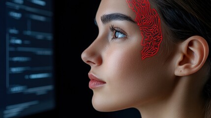 Digital Anatomy: Profile of a young woman with a red overlay resembling a neural network or vascular system on her temple, gazing thoughtfully towards a blurred digital screen in the background.  