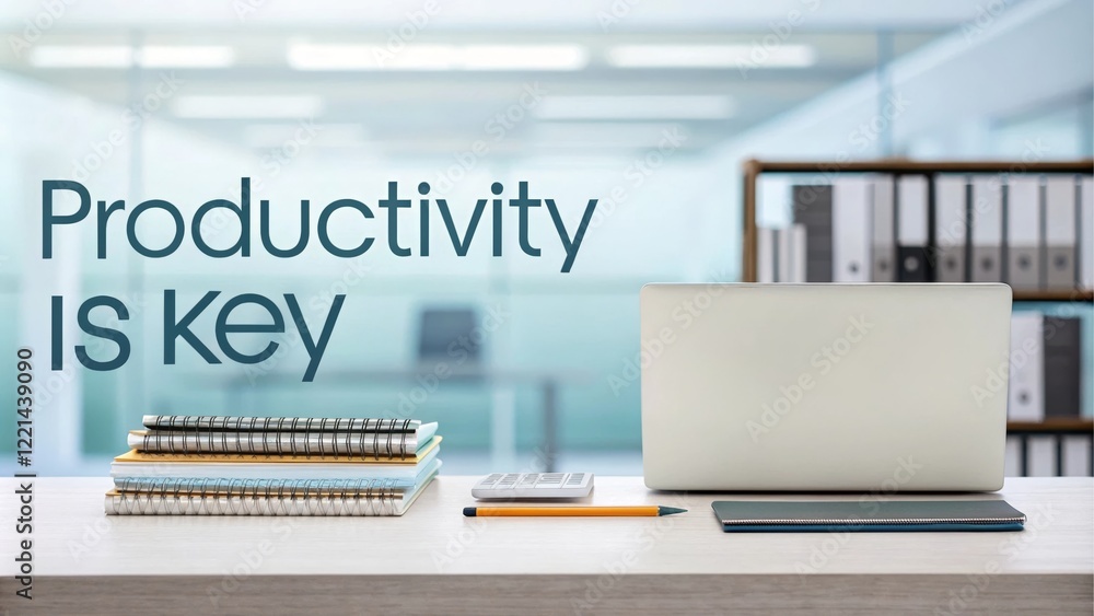Poster enhancing productivity in a modern workspace - a clean and organized desk featuring a laptop noteboo