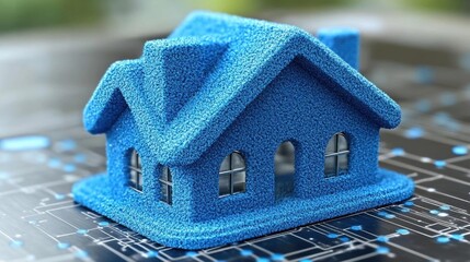 A small blue house model on a surface with circuit board like design in soft focus