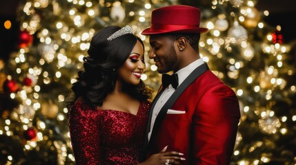 Romantic african couple in red attire celebrating christmas in front of tree