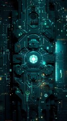 Fototapeta premium Futuristic technological background with glowing cyan circuit patterns and geometric shapes. Perfect for cybersecurity, artificial intelligence, or digital transformation concepts