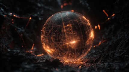 Glowing orb amidst dark, fiery embers.