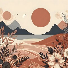 This artwork, "Serene Sunset" evokes a sense of tranquility and warmth. It portrays a minimalist landscape with a large, setting sun casting a golden glow over the scene.