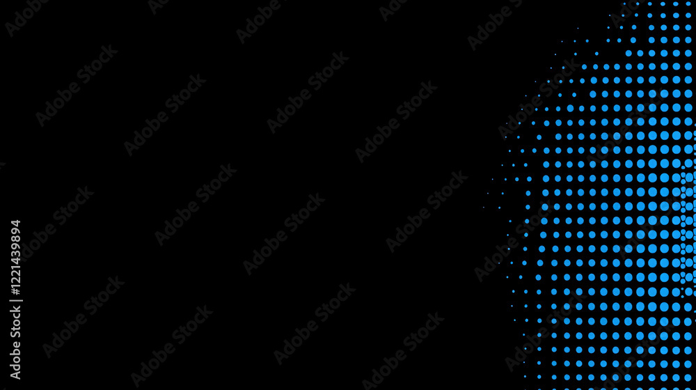 Poster blue halftone dots pattern on black background for modern digital design. business background