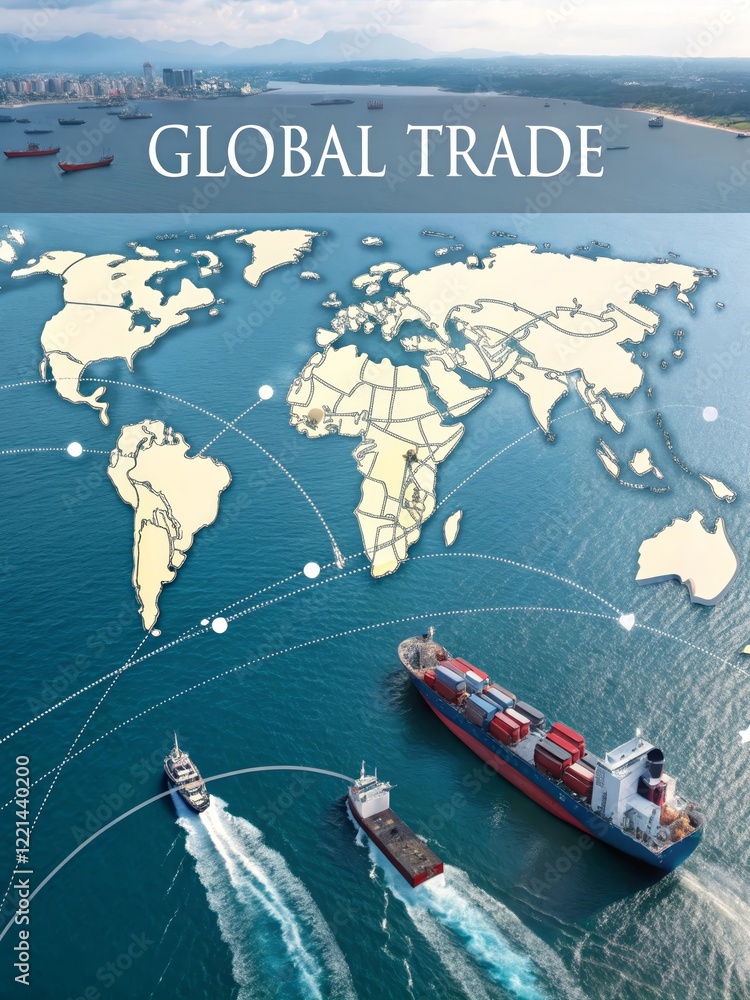Poster global trade map with shipping vessels and ocean background - a visual representation of global trad