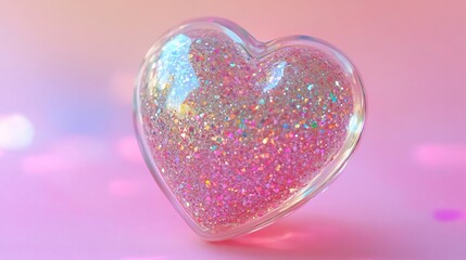 Fototapeta premium Shimmering glitterfilled glass heart floating gracefully a soft pink gradient creating a luxurious Valentines Day design perfect for elegant gifting romantic decor or lovethemed branding