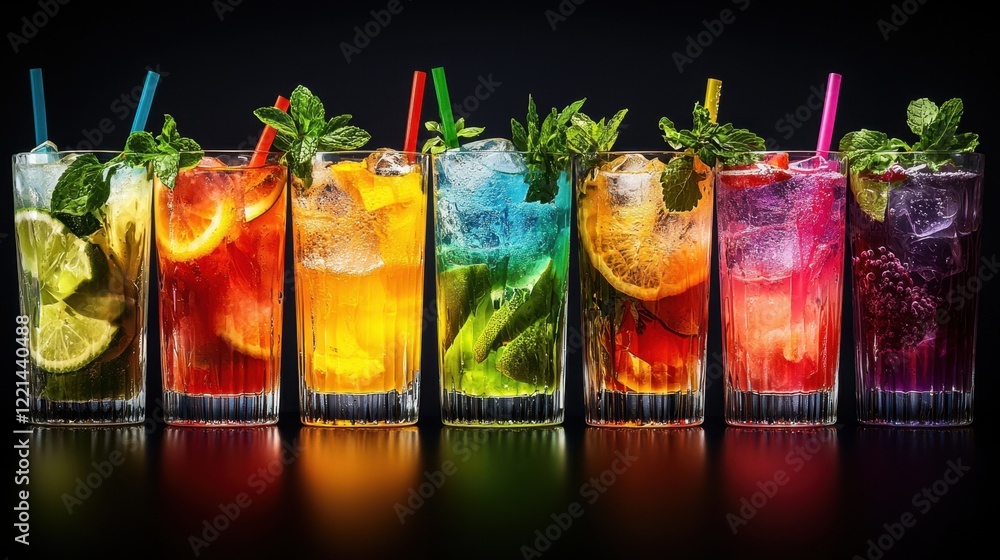 Poster a row of colorful drinks with straws in them