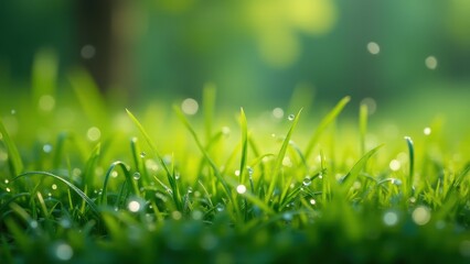 Obraz premium Macro photography of dew drops on grass blade 