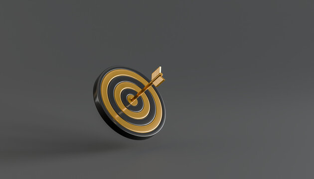 target with arrow in bulleye set on dark background 3d rendering. business goal or success. an arrow hit on the center of gold and black dartboard.