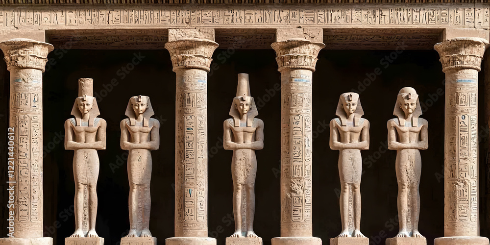 Poster ancient stone statues stand majestically within a colonnaded structure, showcasing intricate carving