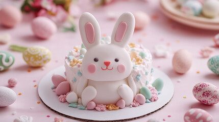 Easter cake with bunny and eggs background