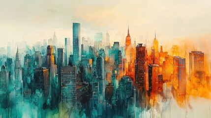 Obraz premium A painting of a cityscape with a blue sky and orange buildings