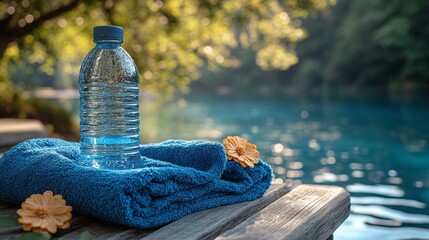water bottle and towel, concept of fitness training and drinking regime