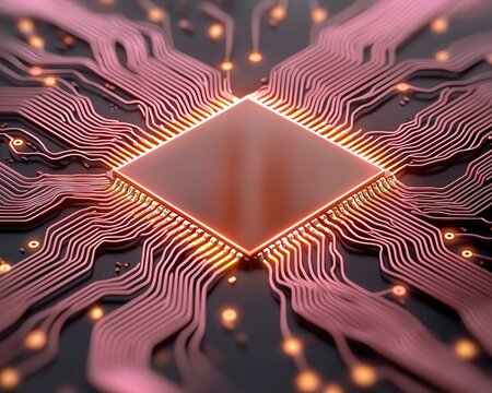 AI-Powered Algorithmic Trading Close-up of a modern microchip showcasing intricate circuit patterns and glowing connections in a futuristic design.