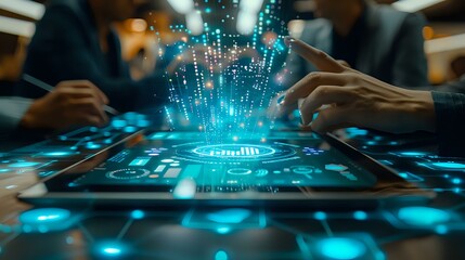 Futuristic holographic technology display emerging from digital tablet with glowing blue data visualization, perfect for business innovation and digital transformation concepts.