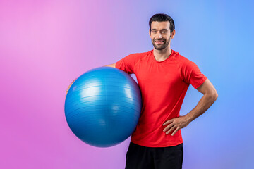 Full body length gaiety shot athletic and sporty young man with fitness exercising ball in standing posture on isolated background. Healthy active and body care lifestyle.