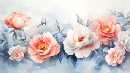 Fototapeta premium Delicate watercolor art of blooming peonies roses painted in soft pastels evoking romantic vibes for Valentines Day cards wedding invitations or lovethemed creative projects