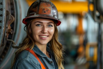 Portrait of confident young female industrial worker in protective hardhat and workwear smiling at industrial facility, representing women in engineering and skilled trades.