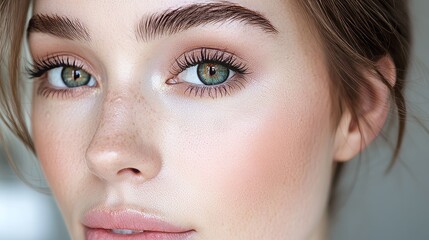 Fototapeta premium A comparison highlighting light, natural makeup designed to enhance features subtly, with a focus on fresh, dewy skin and soft, rosy tones, 16:9