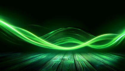 Naklejka premium Neon Wave abstract background, Isolated on a dark background, Green Neon wave with glow, Technology, network, internet concept, Empty Table