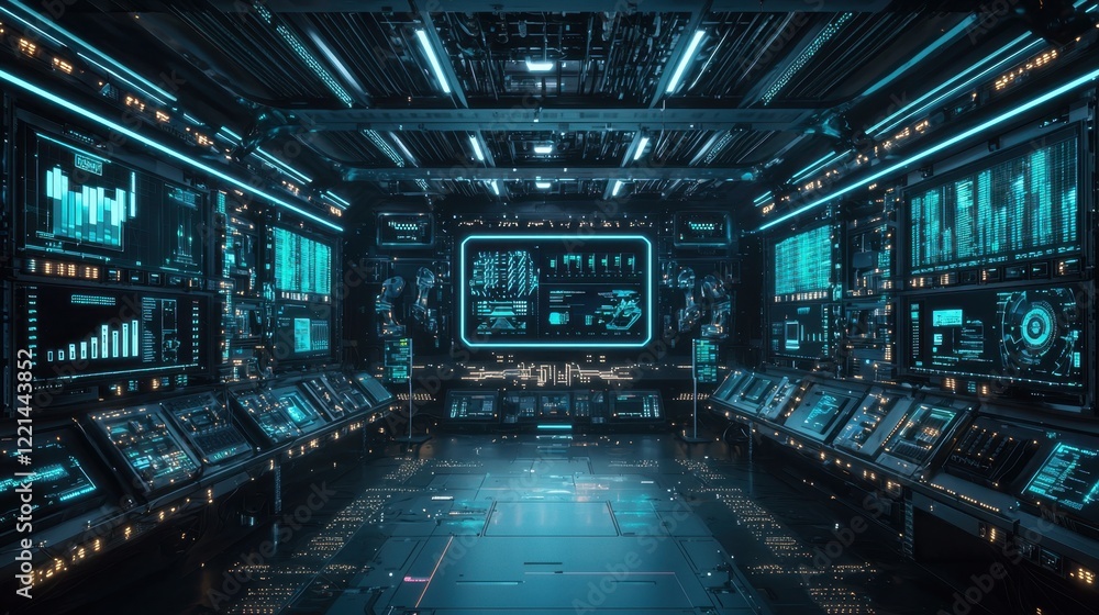 Aufkleber a futuristic room with many computer monitors and a large screen