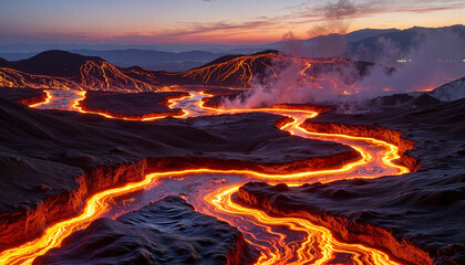 Luminous molten gold lava flowing through mountains at dusk, natural beauty