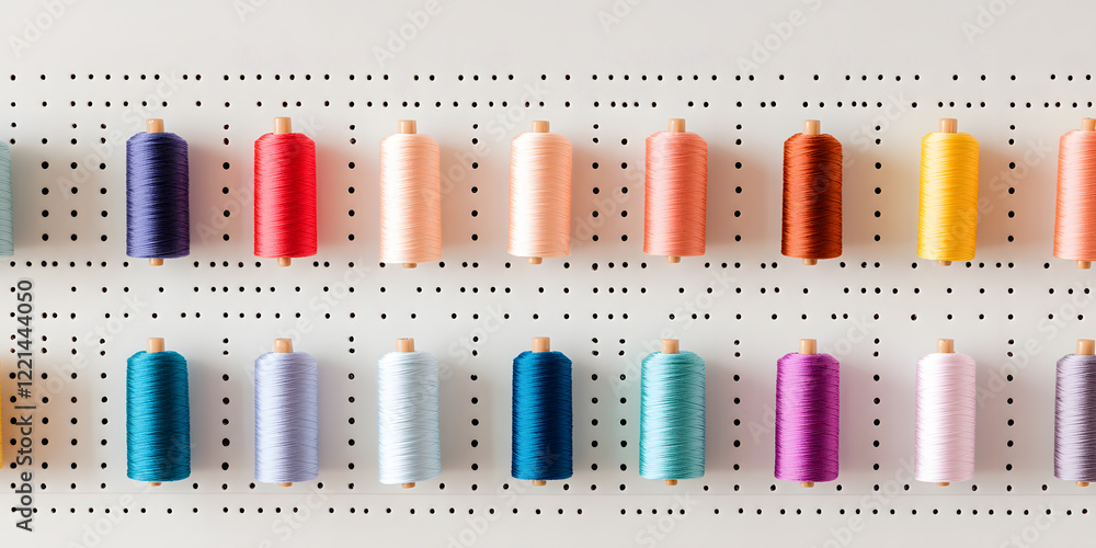 Poster colorful threads neatly organized on a pegboard. a vibrant display of various colors of thread spool