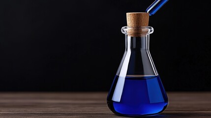 Blue Liquid in Erlenmeyer Flask: A close-up of a glass Erlenmeyer flask filled with a vibrant blue liquid, set against a dark background. Drops of the liquid drip from a dropper.