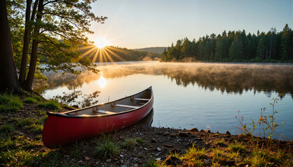 Fototapeta premium Serene canoe resting on riverbank at dawn, nature's tranquility