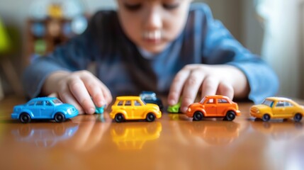 Young Boy With Autism Engages in Focused Play by Lining up Toy Cars in a Minimalist Playroom