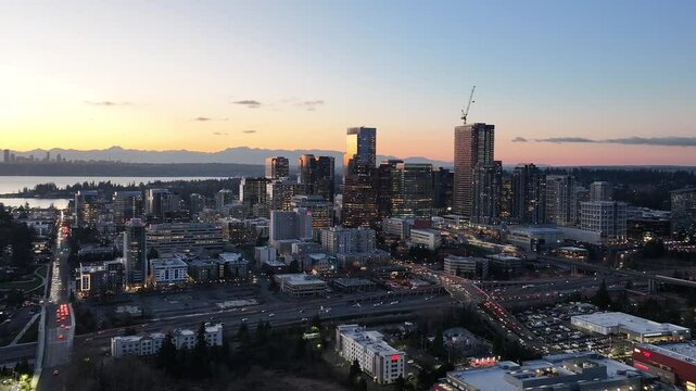 Downtown Bellevue at sunset Seattle Behind