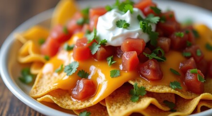 A close up of a plate of nachos with sour cream and tomatoes