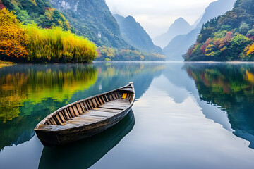 Obraz premium A small boat is floating on a lake with mountains in the background