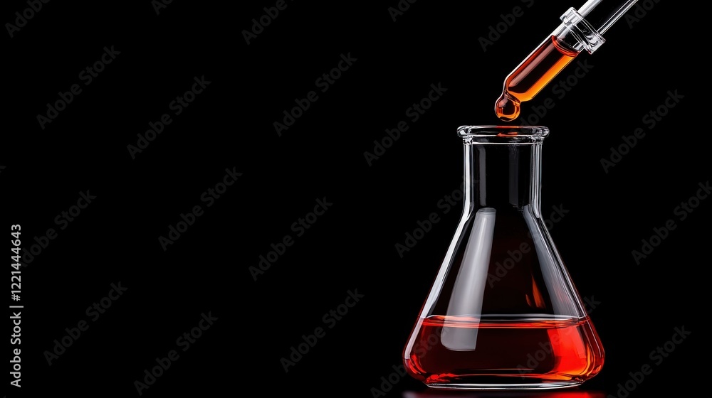Poster precise liquid dropping into flask: a close-up of a glass flask filling with red liquid, a single dr