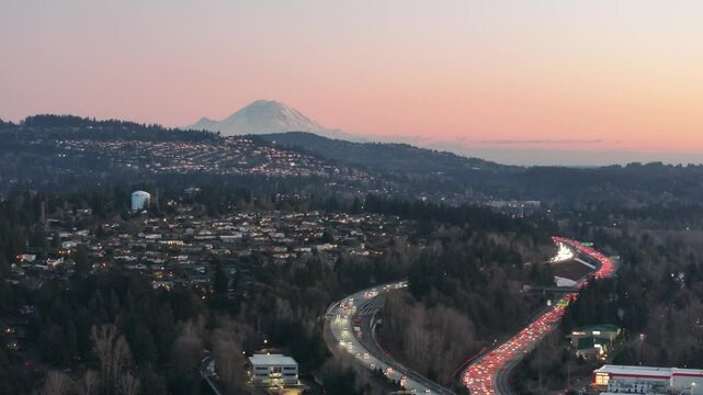 I-405 traffic with Mt Rainier at sunset