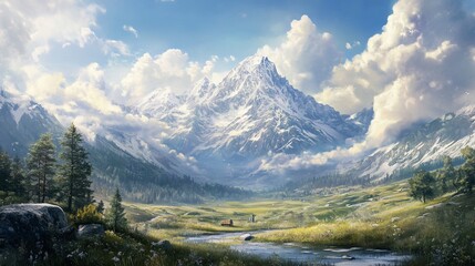 Fototapeta premium Majestic snow-capped mountain peak overlooking a serene valley with a flowing river and lush green meadows under a vibrant sky.