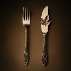 Elegant antique cutlery with autumn leaf