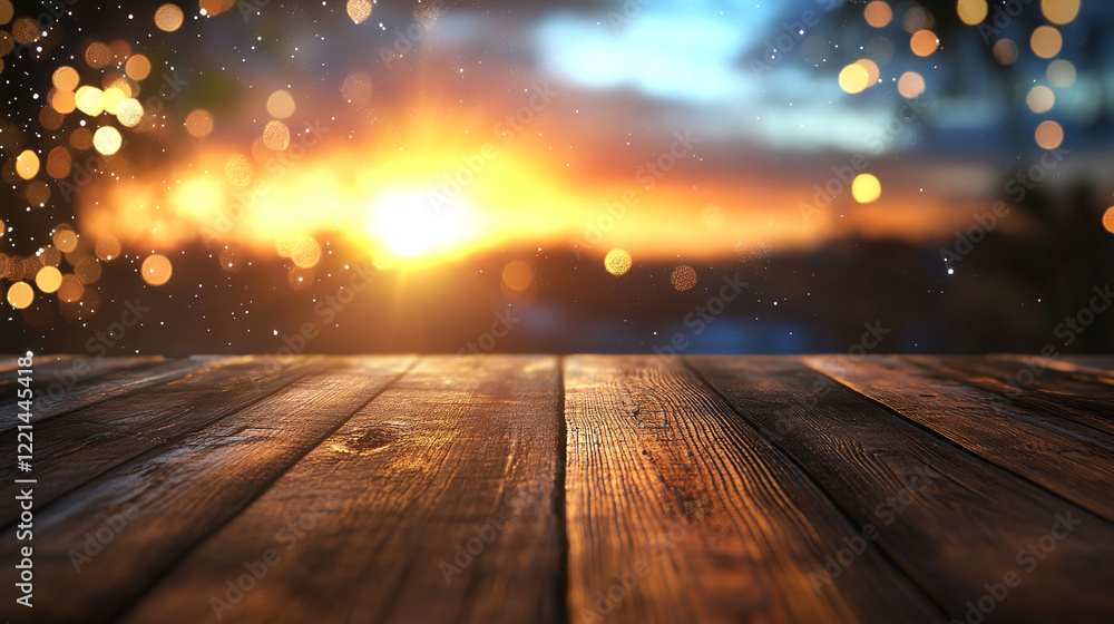 Poster wooden table with sunset light, blurry background and bokeh effect