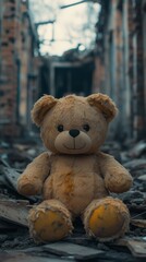Abandoned stuffed toy in ruined building symbolizing loss and resilience