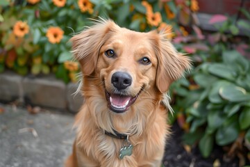 A brown dog sitting in front of a bunch of flowers