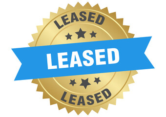 leased. leased round blue and gold label isolated on transparent background