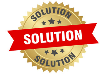 solution. solution round red and gold label isolated on transparent background