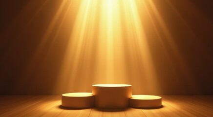 A podium with three pedestals in front of a spotlight