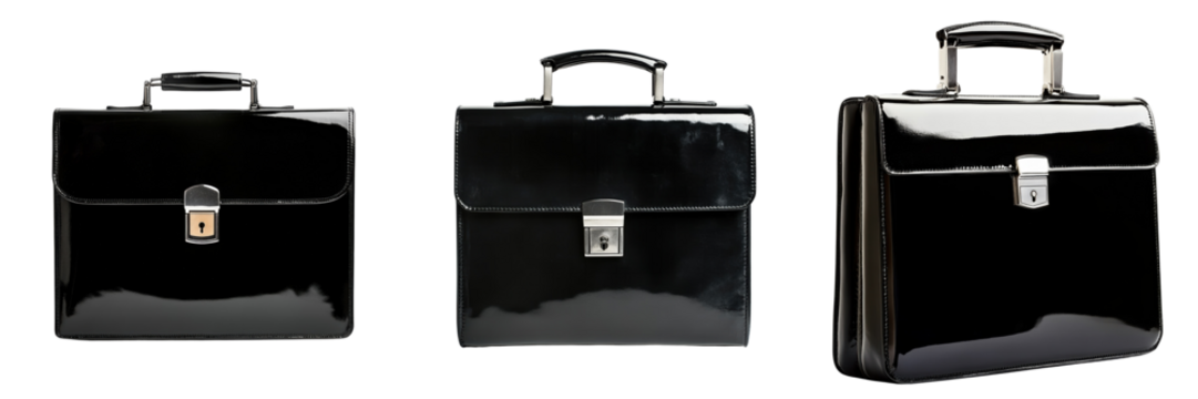 A Set of Elegant Black Briefcases with Sleek Metallic Locks Isolated on Transparent Background