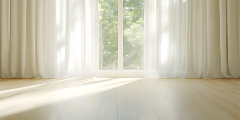 Sunlight streams through sheer curtains onto a light wood floor, creating a bright and airy atmosphere in a minimalist room.  Perfect for showcasing products or creating a serene backdrop.
